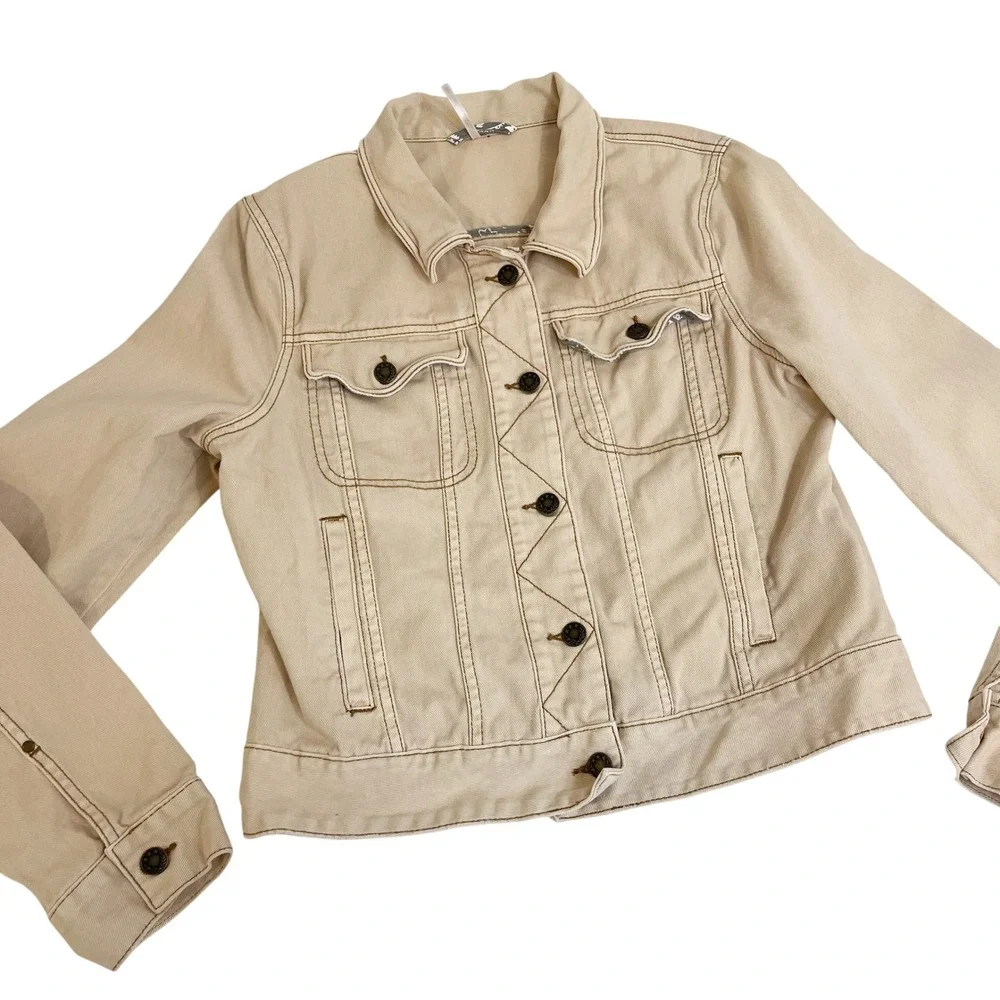 Free People Womens Tan Denim Trucker Jacket Beige Cotton Zig Zag Stitch Large - Picture 3 of 7